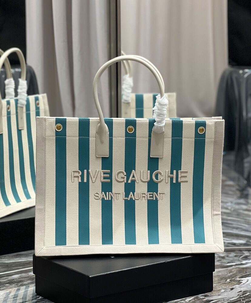 Rive Gauche Tote Bag In Striped Canvas And Smooth Leather