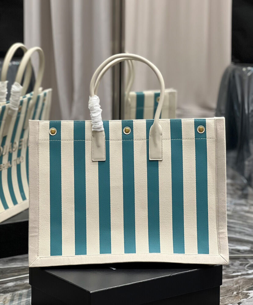 Rive Gauche Tote Bag In Striped Canvas And Smooth Leather