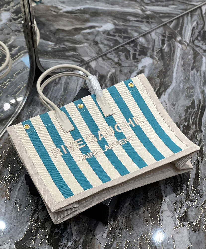 Rive Gauche Tote Bag In Striped Canvas And Smooth Leather