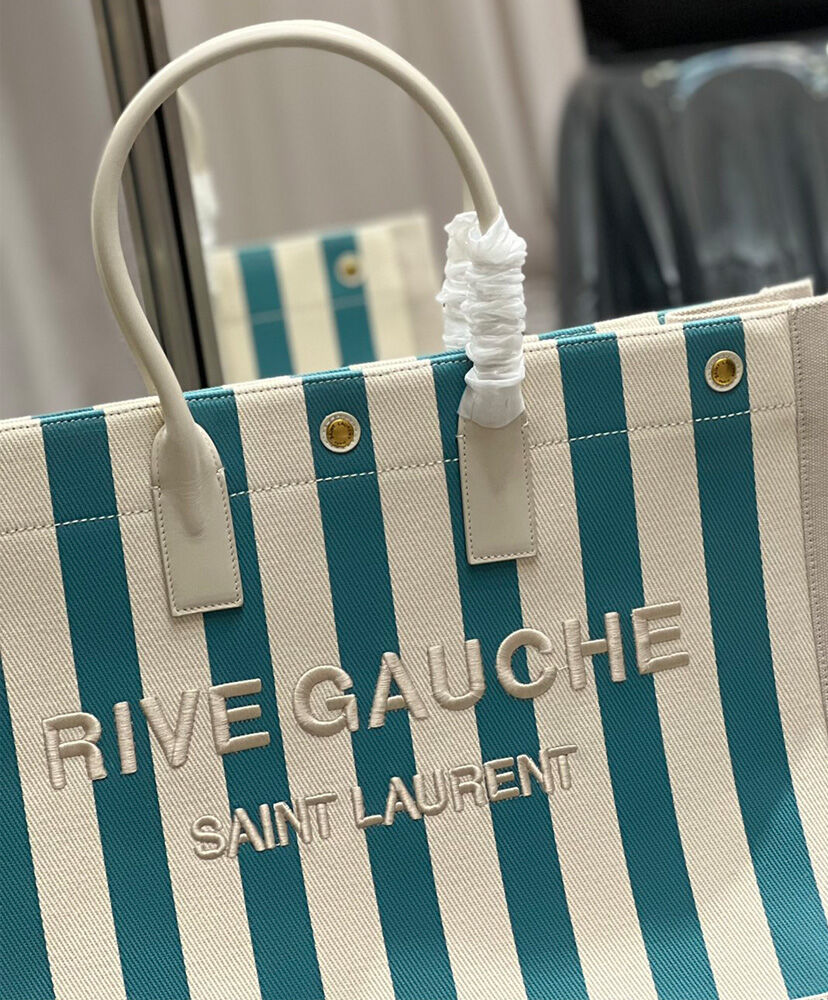 Rive Gauche Tote Bag In Striped Canvas And Smooth Leather