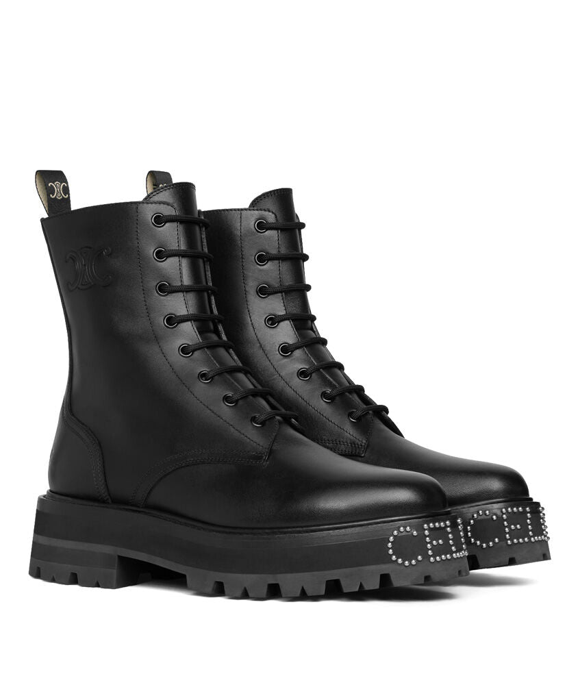 Celine Bulky Lace-up Boot With Studded Outsole In Shiny Bull