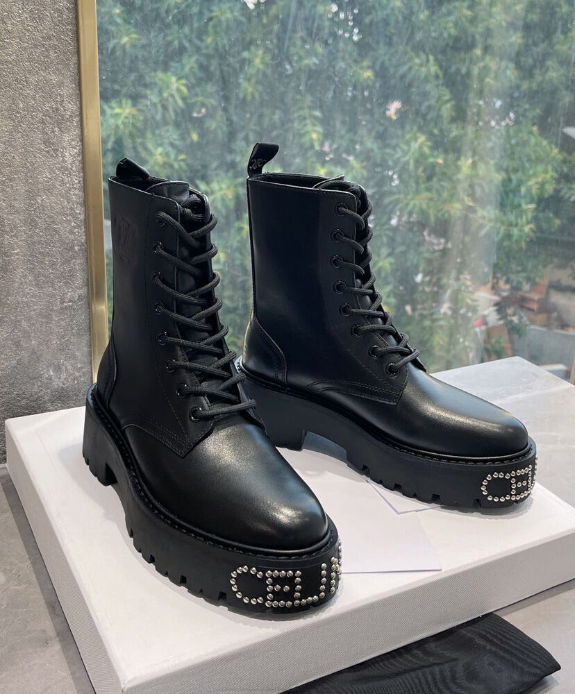 Celine Bulky Lace-up Boot With Studded Outsole In Shiny Bull