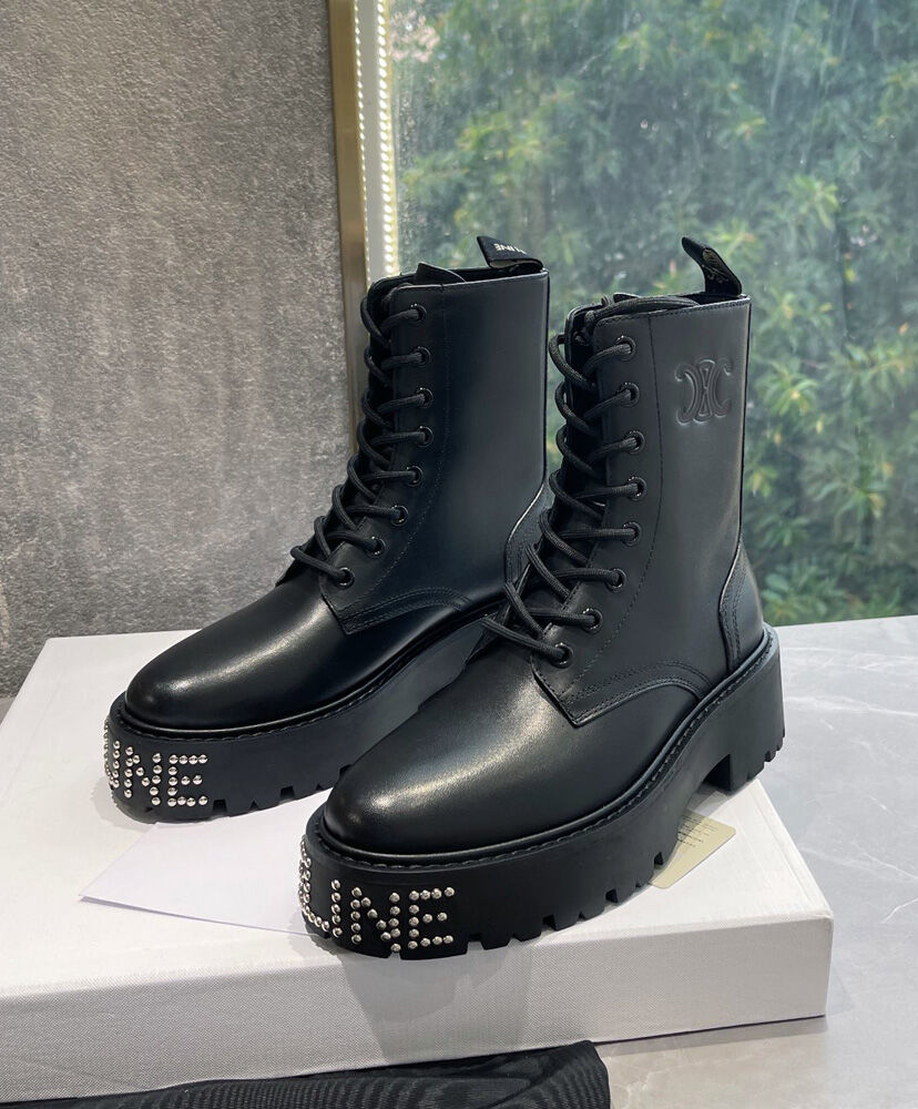 Celine Bulky Lace-up Boot With Studded Outsole In Shiny Bull