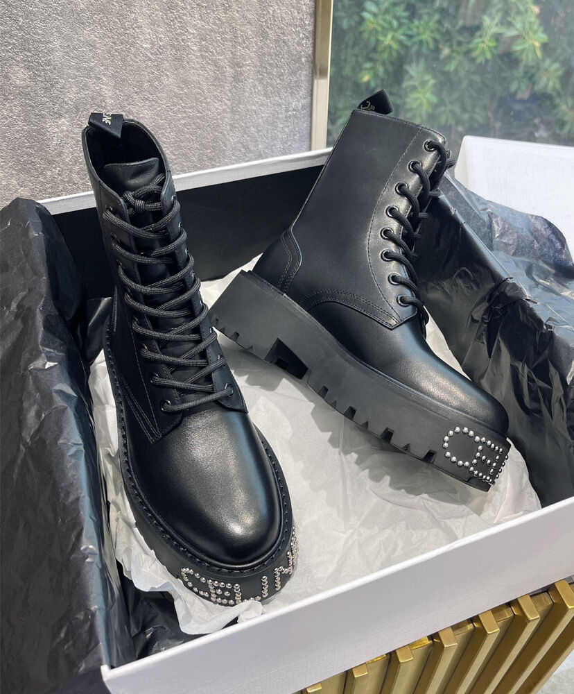 Celine Bulky Lace-up Boot With Studded Outsole In Shiny Bull