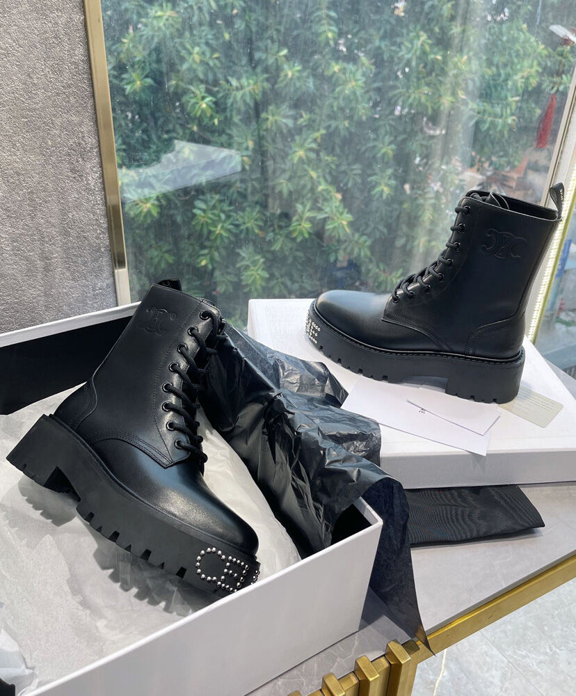 Celine Bulky Lace-up Boot With Studded Outsole In Shiny Bull