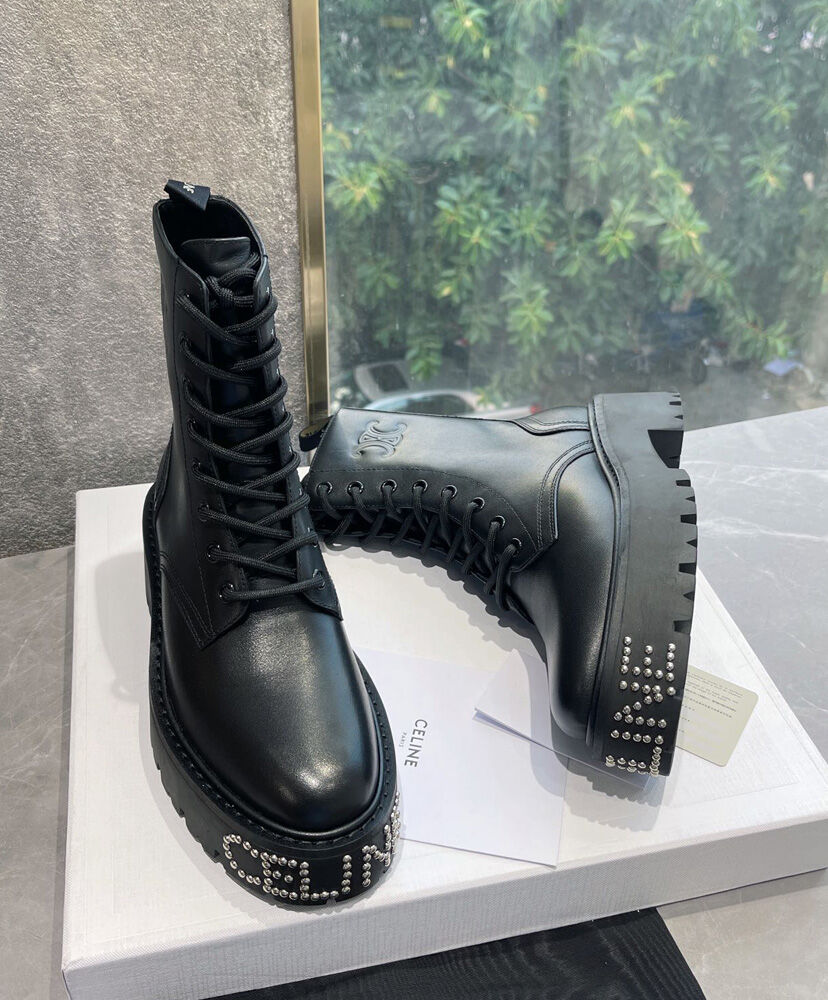 Celine Bulky Lace-up Boot With Studded Outsole In Shiny Bull