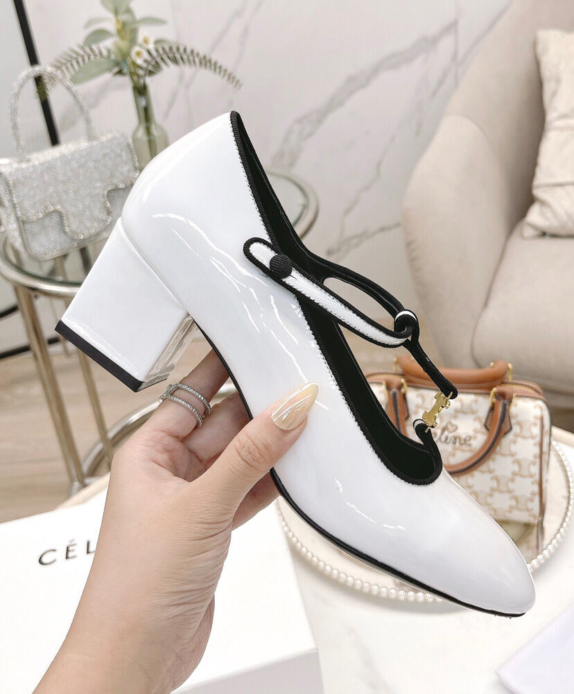 Celine Babies T-Bar Pump In Patent Calfskin And Grosgrain