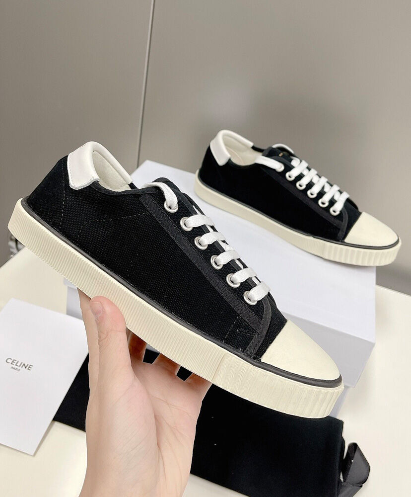 Celine Blank Low Lace Up Sneaker With Toe Cap In Canvas And Calfskin