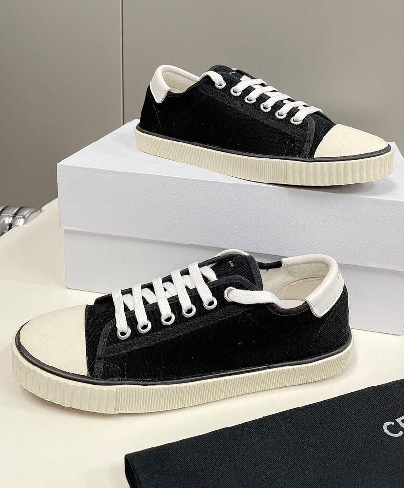 Celine Blank Low Lace Up Sneaker With Toe Cap In Canvas And Calfskin