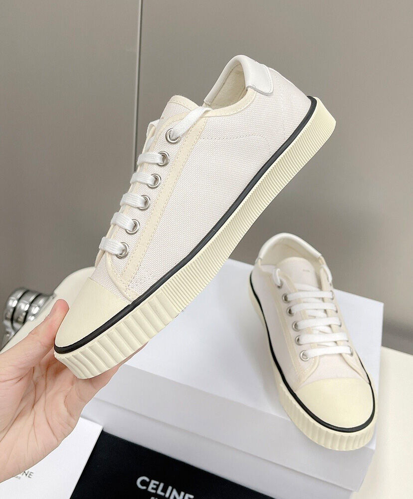 Celine Blank Low Lace Up Sneaker With Toe Cap In Canvas And Calfskin