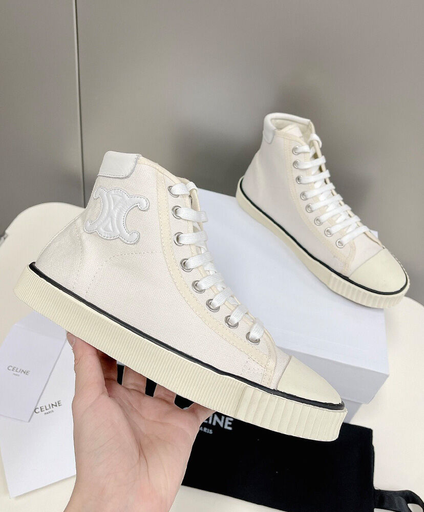 Celine Blank Mid Lace Up Sneaker With Toe Cap In Canvas And Calfskin